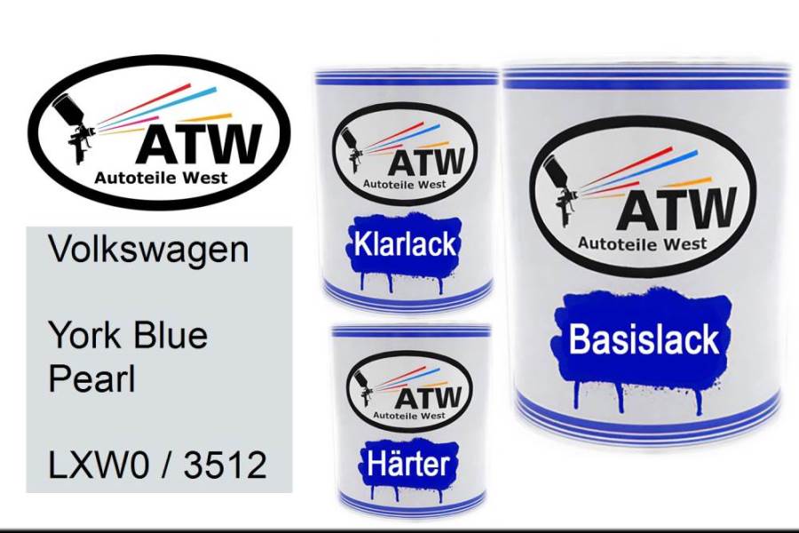 Volkswagen, York Blue Pearl, LXW0 / 3512: 1L Lackdose + 1L Klarlack + 500ml Härter - Set, von ATW Autoteile West.